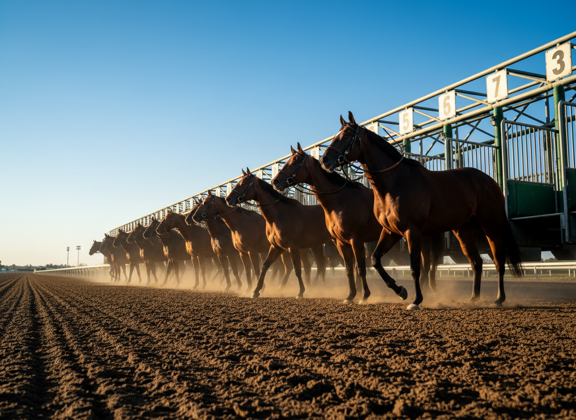 A dynamic photographic scene of a starting gate at a professional racecourse, captured from a low angle so the powerful silhouettes of racehorses are framed against a crisp blue sky. The horses are perfectly frozen mid-tension inside their numbered stalls, with their detailed bridles, glossy coats, and taut muscles clearly visible, but no riders present. The track’s rich brown dirt stretches toward the foreground, textured with hoof prints and tire marks. Late afternoon golden-hour light washes across the scene, illuminating dust particles and creating long, dramatic shadows that emphasize anticipation and strategy. The composition is wide and cinematic, with the gate slightly off-center for visual tension. The mood is focused and expectant rather than chaotic, embodying the moment just before informed bets become reality, in sharp, photographic realism.